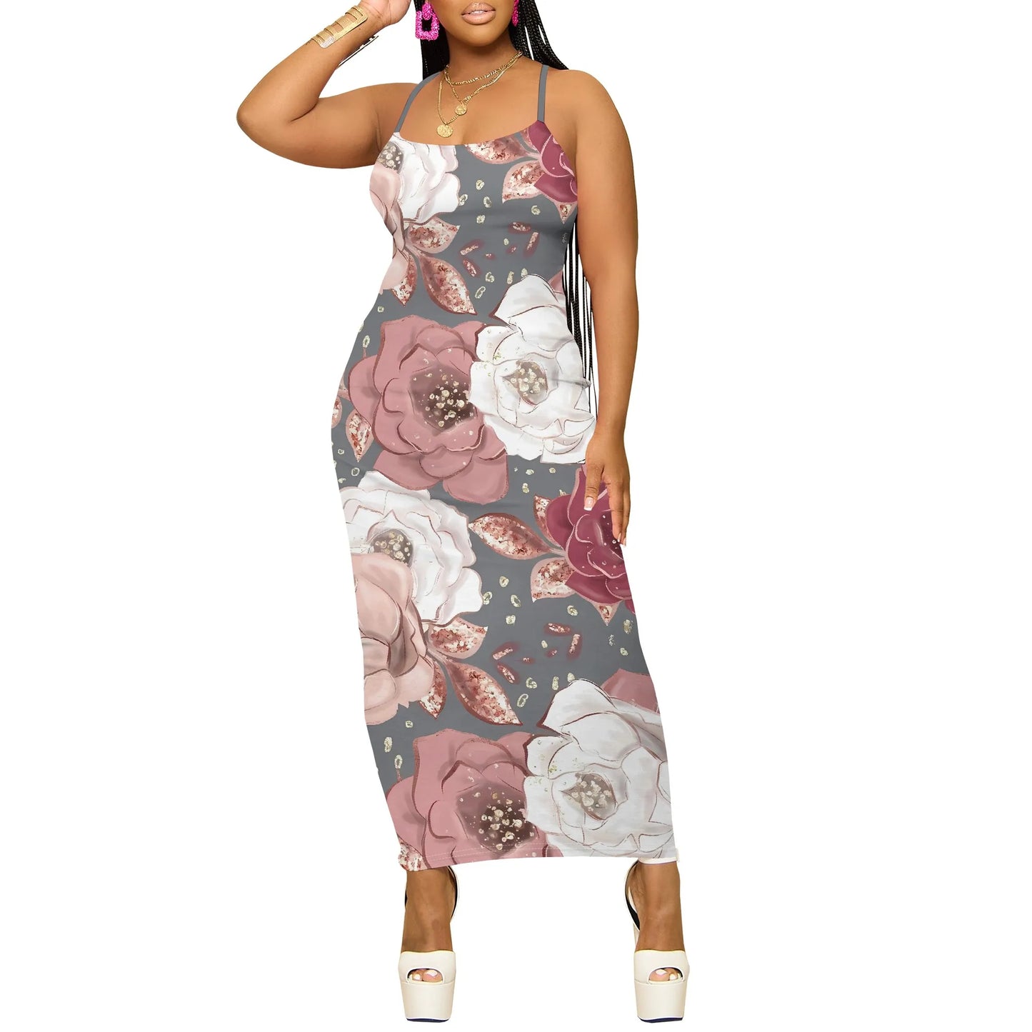Vintage Floral Maxi Dress for Women Burgundy Spaghetti Strap Bodycon Sleeveless Summer Dress