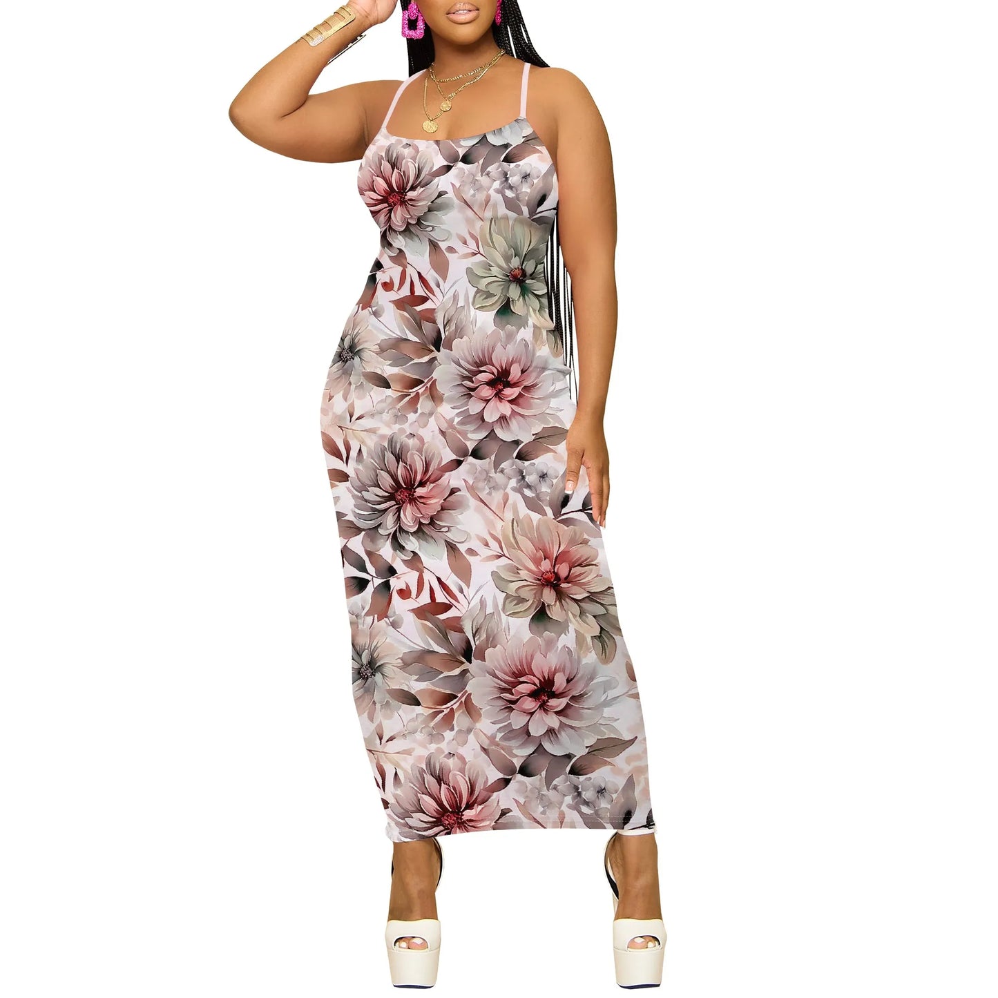 Vintage Floral Maxi Dress for Women Burgundy Spaghetti Strap Bodycon Sleeveless Summer Dress