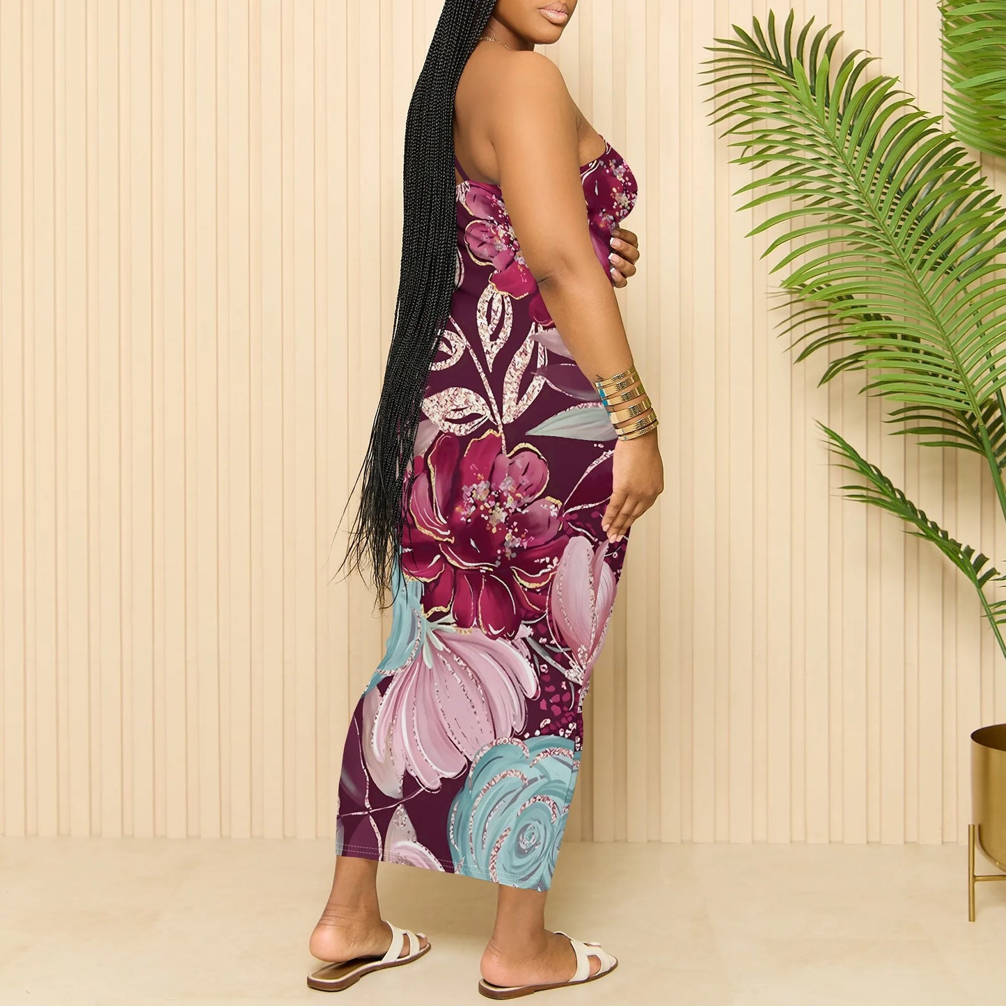 Vintage Floral Maxi Dress for Women Burgundy Spaghetti Strap Bodycon Sleeveless Summer Dress