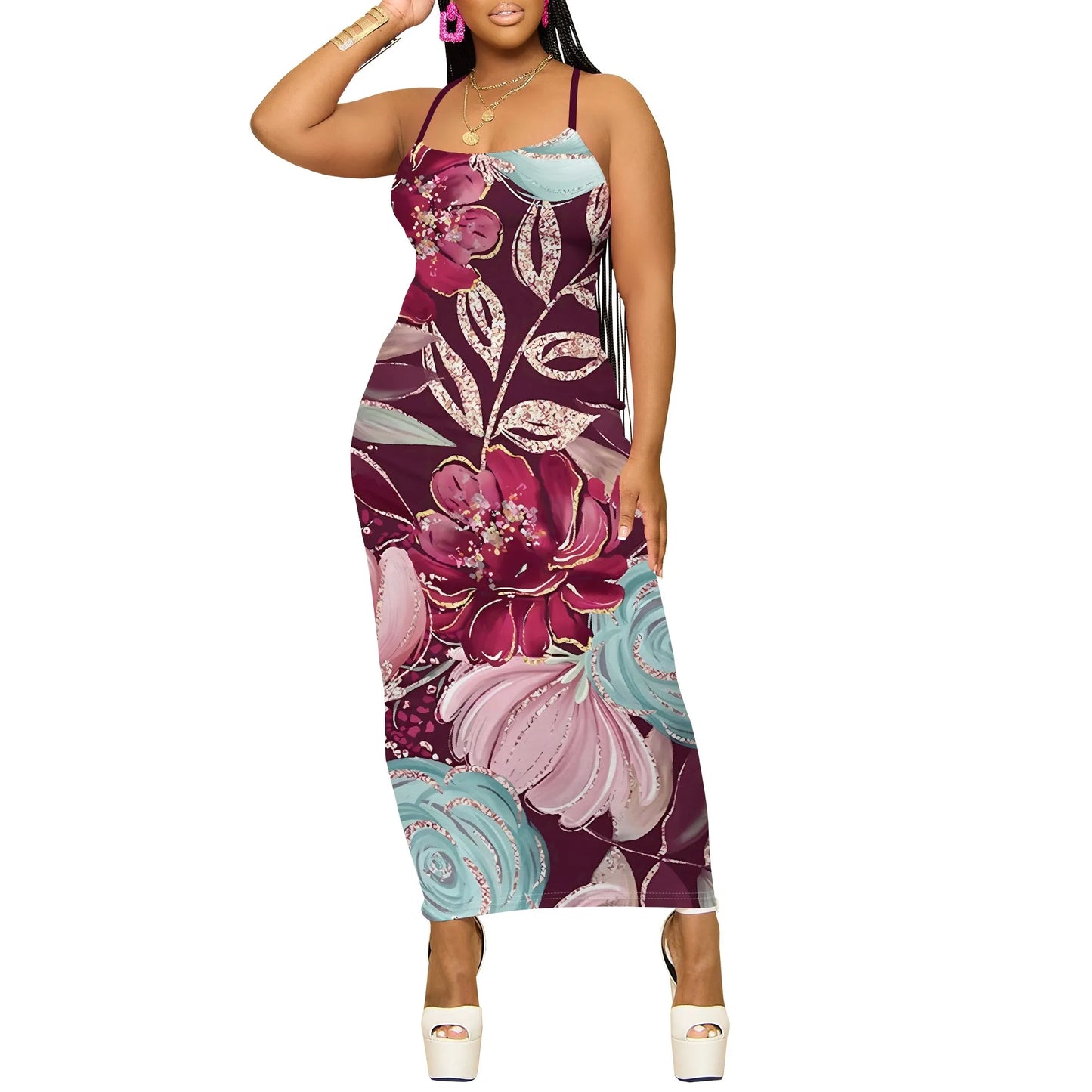 Vintage Floral Maxi Dress for Women Burgundy Spaghetti Strap Bodycon Sleeveless Summer Dress